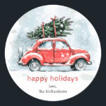 Classic Watercolor Red Car Christmas Tree Holiday  Classic Round Sticker<br><div class="desc">Bring vintage charm to your gifts and cards with this Classic Watercolor Red Car Christmas Tree holiday sticker. Featuring a timeless red car carrying a festive tree,  it captures the cozy spirit of Christmas travel and tradition.</div>