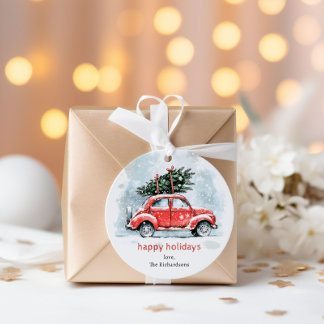 Classic Watercolor Red Car Christmas Tree Holiday Favor Tags