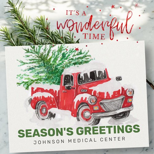 Classic Watercolor Red Truck Seasons Greetings Postcard