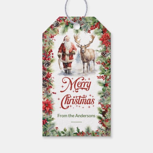 Classic watercolor Santa and red berries wreath Gift Tags