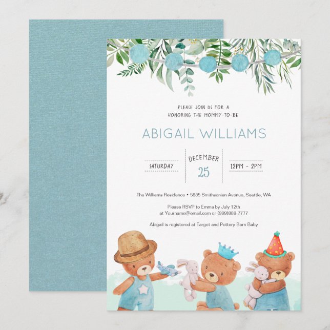 Classic Watercolor Teddy Bear Baby Shower Invitation (Front/Back)
