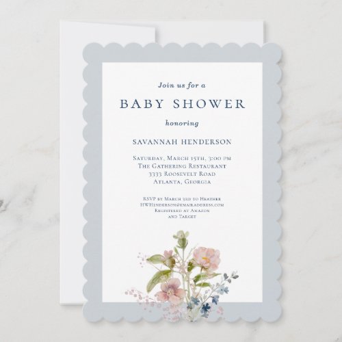 Classic Watercolor Wildflower Blue Baby Shower Invitation
