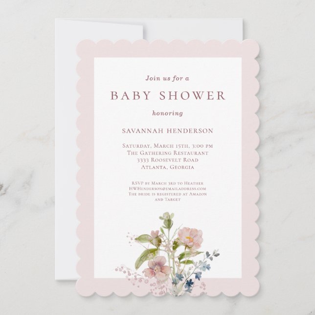 Classic Watercolor Wildflower Pink Baby Shower Invitation (Front)