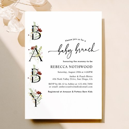 Classic Watercolor Wildflowers Boho Baby Brunch Invitation