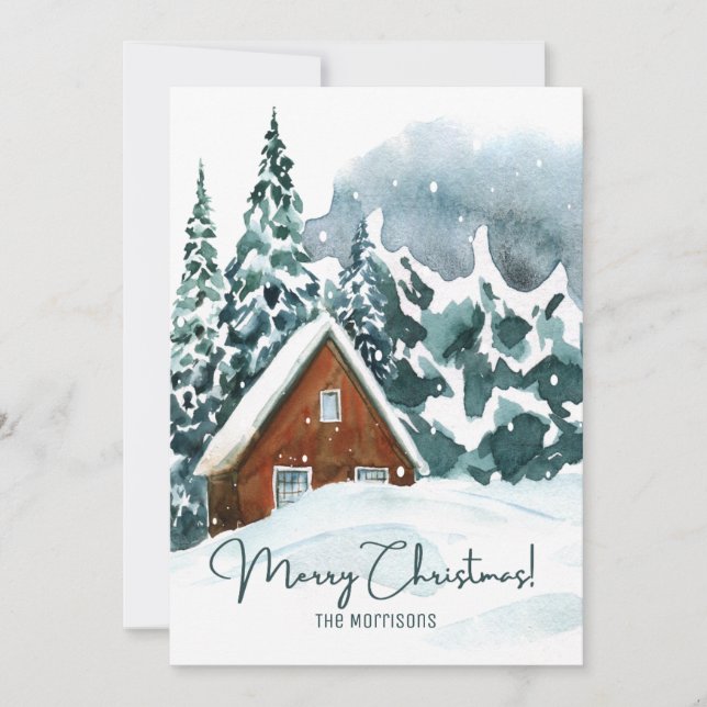 Classic Watercolor Winter Forest Merry Christmas Holiday Card (Front)