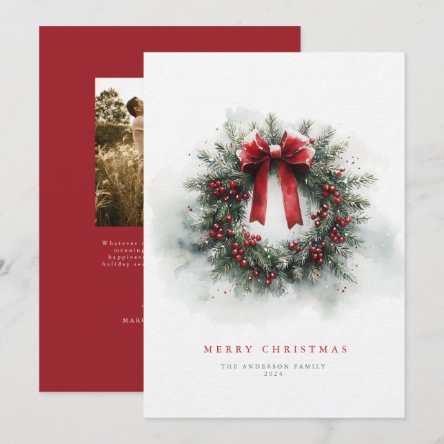 Classic Watercolor Wreath Christmas Card (Front/Back)