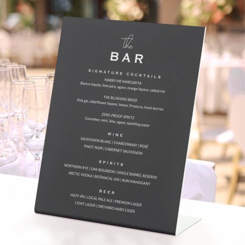 Classic Wedding Bar Menu Chic Minimalist Gray Pedestal Sign