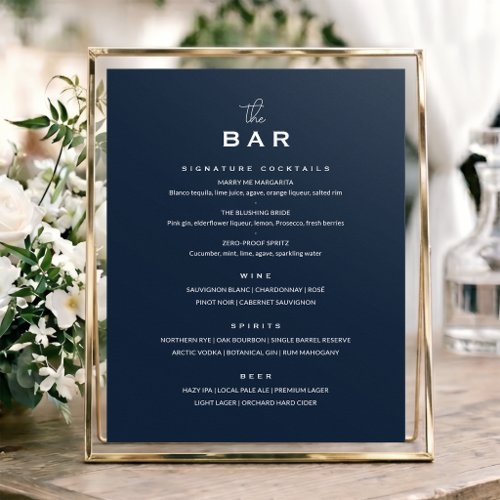 Classic Wedding Bar Menu Sign Chic Minimalist Navy