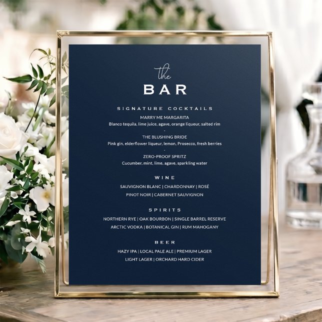 Classic Wedding Bar Menu Sign Chic Minimalist Navy (Creator Uploaded)