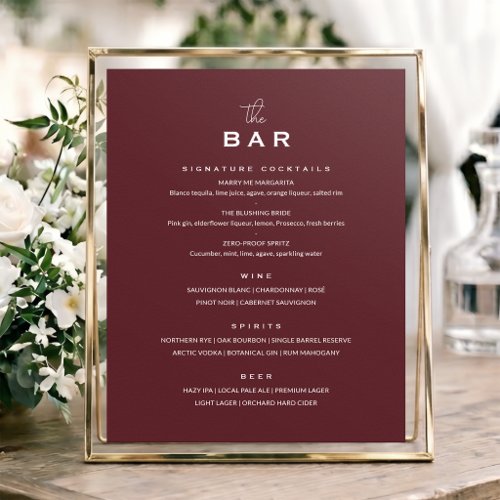 Classic Wedding Bar Menu Sign Chic Minimalist Red