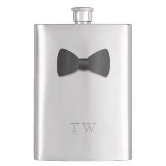 Classic Wedding Bow Tie Monogram Silver Hip Flask