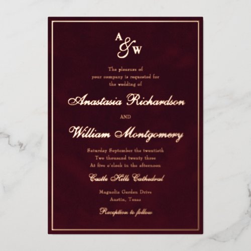 Classic Wedding Burgundy Deep Monogram Script  Foil Invitation