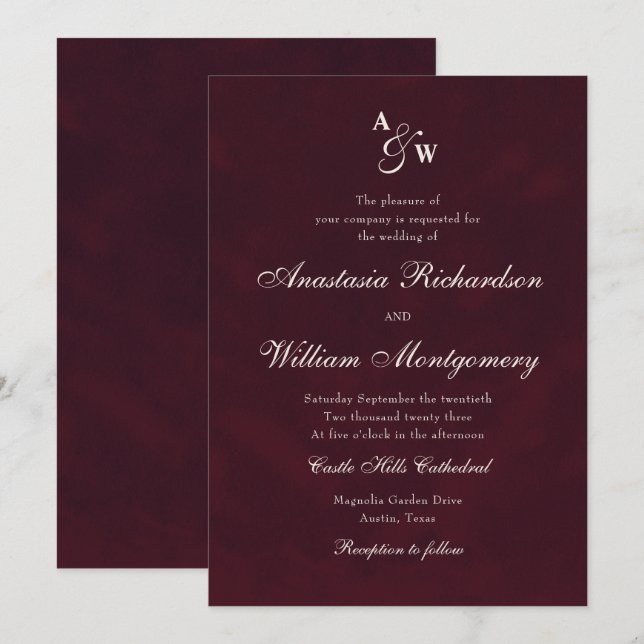Classic Wedding Burgundy Deep Monogram Script Invitation (Front/Back)