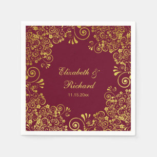 Classic Wedding Burgundy Gold Floral Pattern Napkins