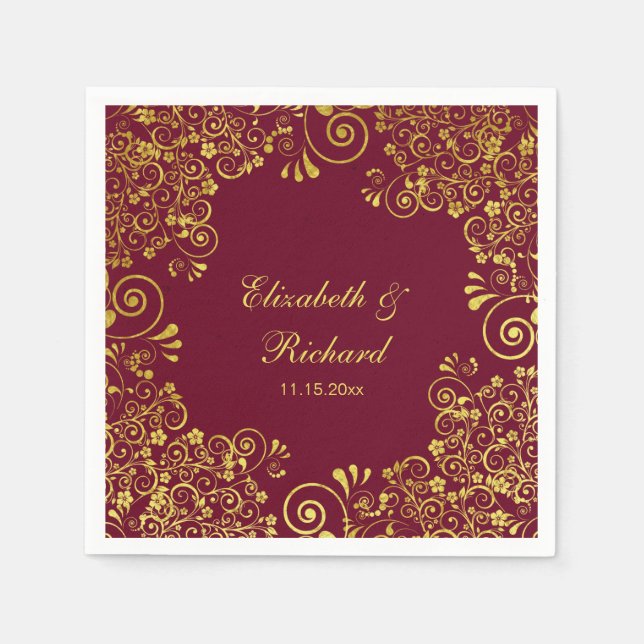 Classic Wedding Burgundy Gold Floral Pattern Napkins (Front)
