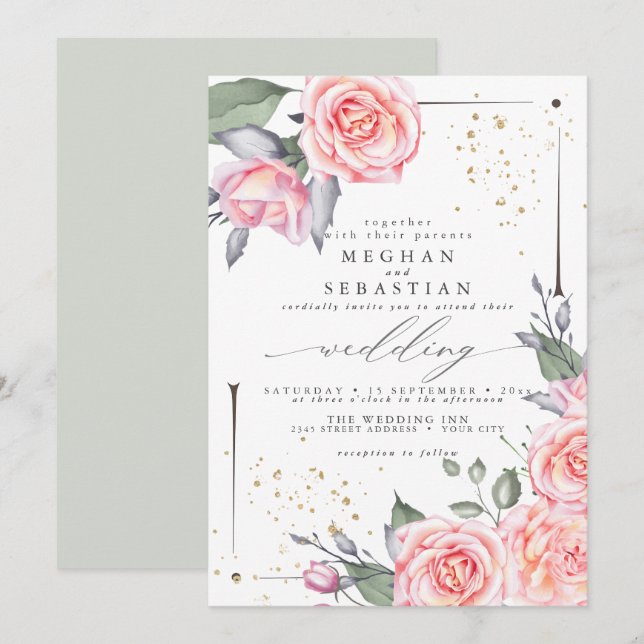 Classic Wedding Elegant Watercolor Pink Roses Invitation (Front/Back)