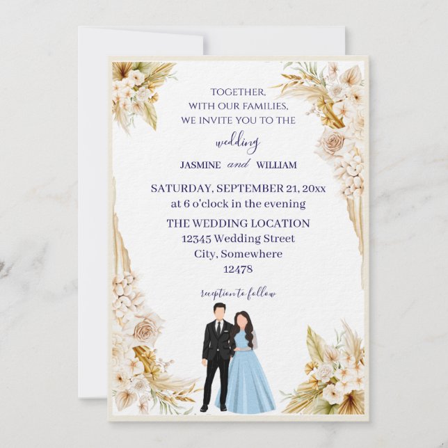 Classic wedding invitation in beige and gold (Front)