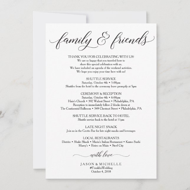 Classic Wedding Itinerary - Wedding Welcome Family Invitation (Front)