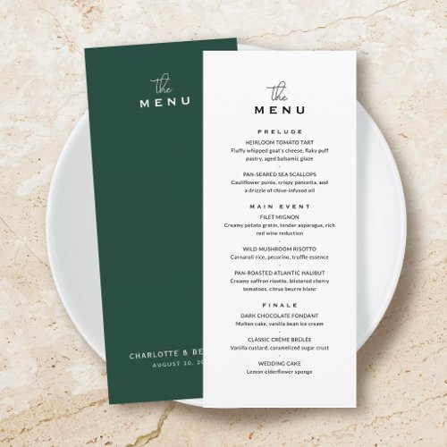 Classic Wedding Menu Card Chic Minimalist Green