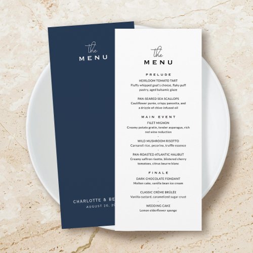 Classic Wedding Menu Card Chic Minimalist Navy