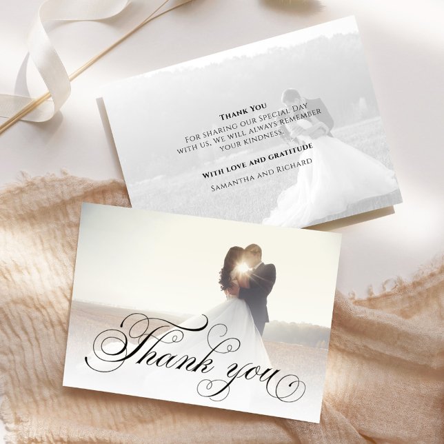 Classic Wedding Photo Calligraphy Script Thank You Card (Elegant calligraphy script wedding thank you card with a 2-photo template. )