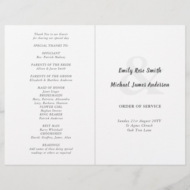 Classic Wedding Program Order of Service Blk/Wht (Front)