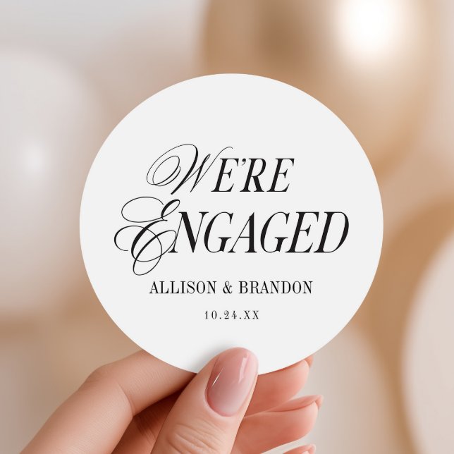 Classic We're Engaged Engagement Party Favors Classic Round Sticker (Creator Uploaded)