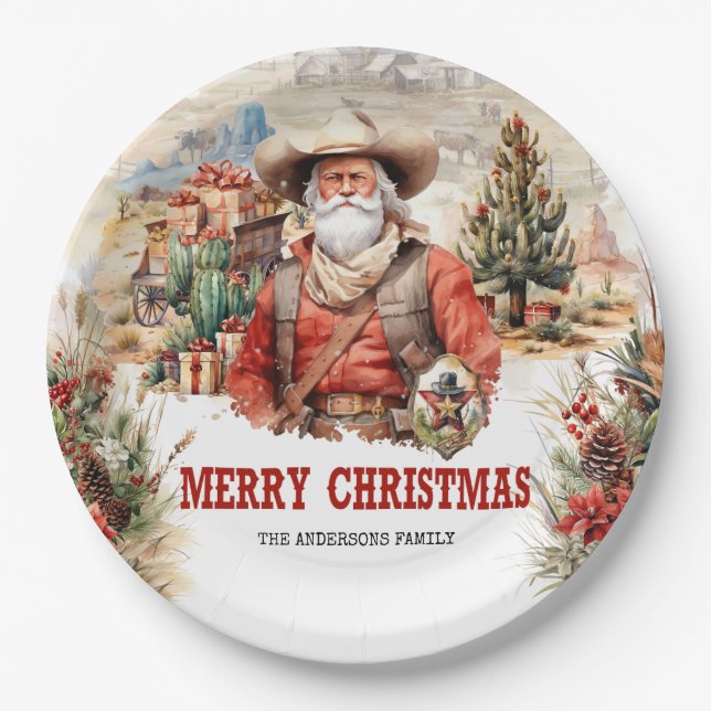 Classic western style Santa sheriff and cowboy Paper Plates (Front)