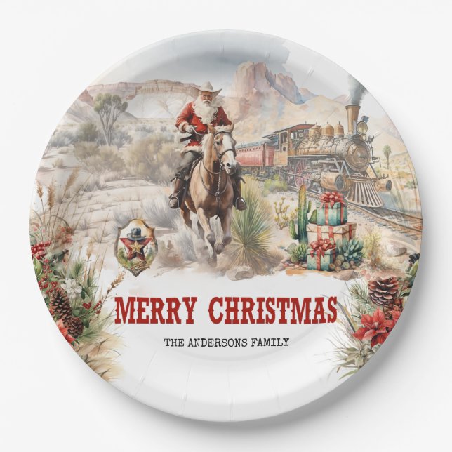 Classic western style with Santa cowboy red train Paper Plates (Front)