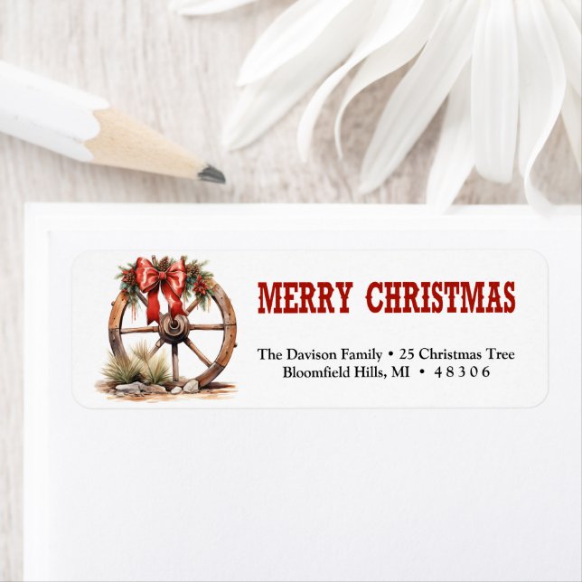 Classic western wagon wheel Christmas wreath Label (Insitu)
