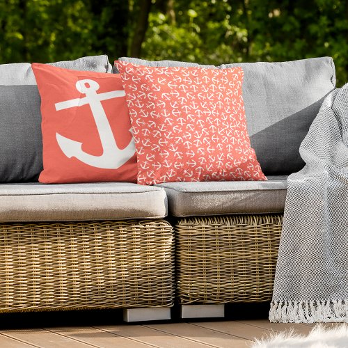 Classic White Anchor Pattern On Chic Coral Orange Outdoor Pillow