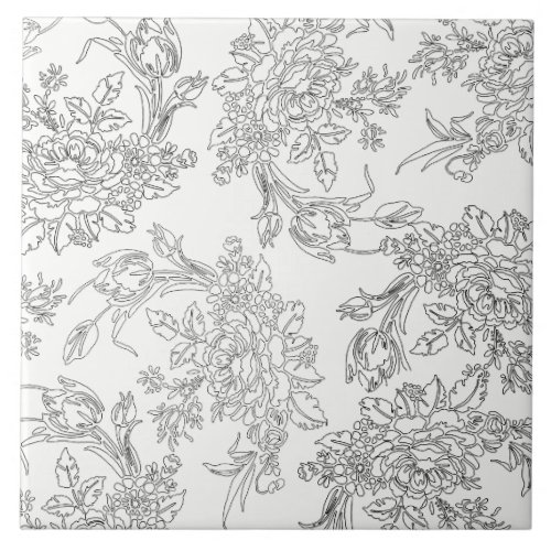 Classic White and Black Floral Toile Ceramic Tile