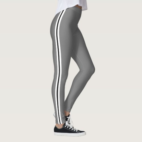 Classic White and Black Side Stripes On Grey Leggings