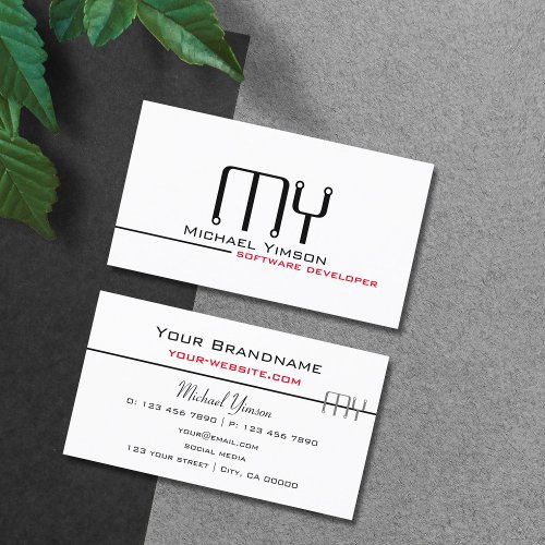 Classic White and Black with Monogram Professional Business Card