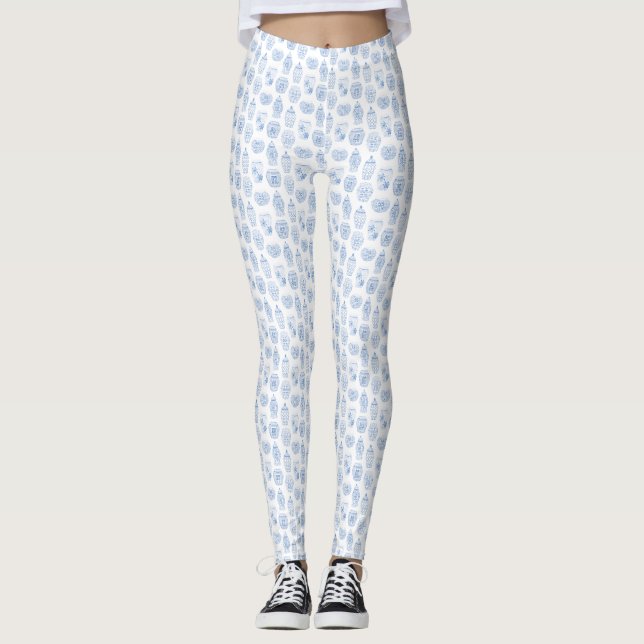 Classic White And Blue Ginger Jars Leggings (Front)