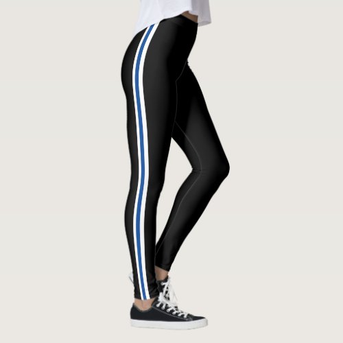 Classic White and Blue Side Stripes on Black  Leggings