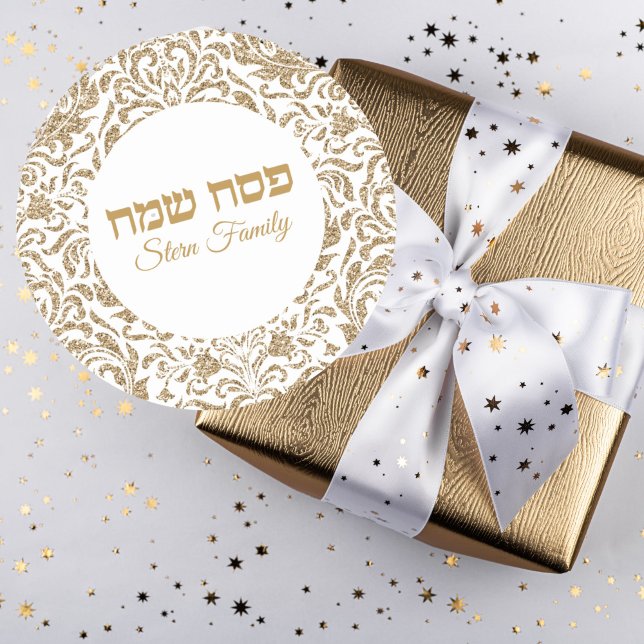 Classic White and Gold Glitter Custom Passover  Round Sticker (Creator Uploaded)