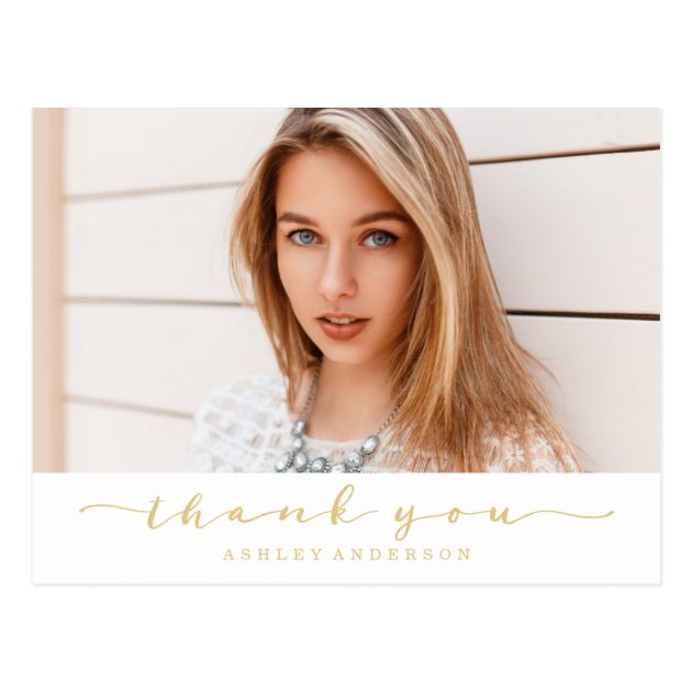 Classic White And Gold Graduation Photo Thank You Postcard