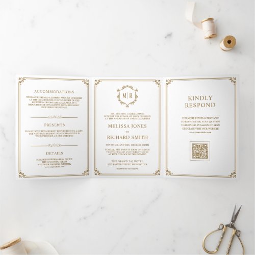 Classic White and Gold Monogram QR Code Wedding Tri-Fold Invitation