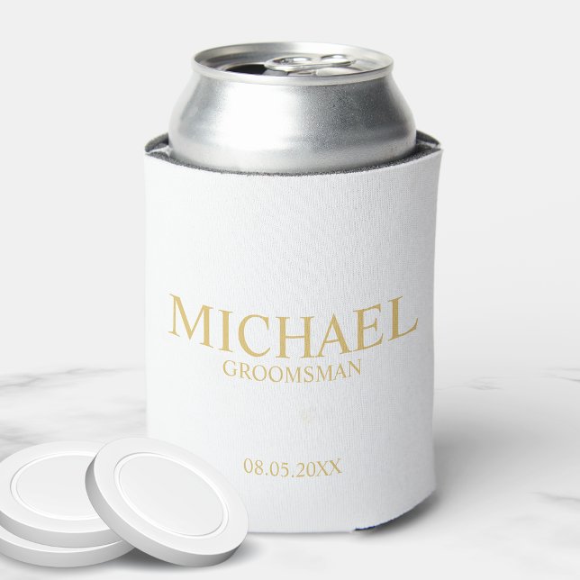 Classic White and Gold Personalized Groomsman Can Cooler (Creator Uploaded)