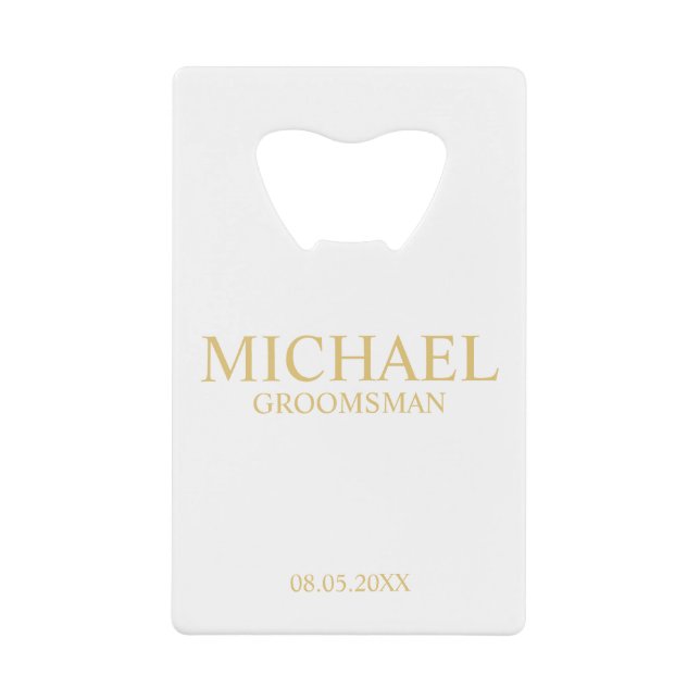 Classic White and Gold Personalized Groomsman Credit Card Bottle Opener (Front)
