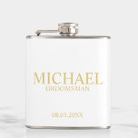 Classic White and Gold Personalized Groomsman Flask<br><div class="desc">Classic White and Gold Personalized Groomsman Gifts featuring personalized groomsman's name, title and wedding date in gold classic serif font style. Also perfect for Best Man, Father of the Bride and more. Please Note: The foil details are simulated in the artwork. No actual foil will be used in the making...</div>