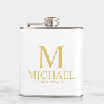 Classic White and Gold Personalized Groomsman Flask<br><div class="desc">Classic White and Gold Personalized Groomsman Gifts featuring personalized monogram, groomsman's name and title in gold classic serif font style. Also perfect for Best Man, Father of the Bride and more. Please Note: The foil details are simulated in the artwork. No actual foil will be used in the making of...</div>