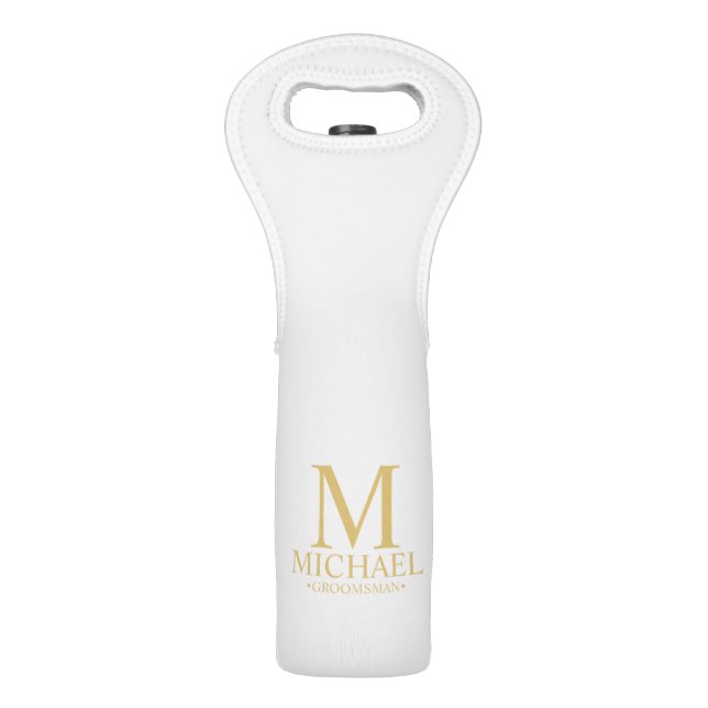 Classic White and Gold Personalized Groomsman Wine Bag (Front)