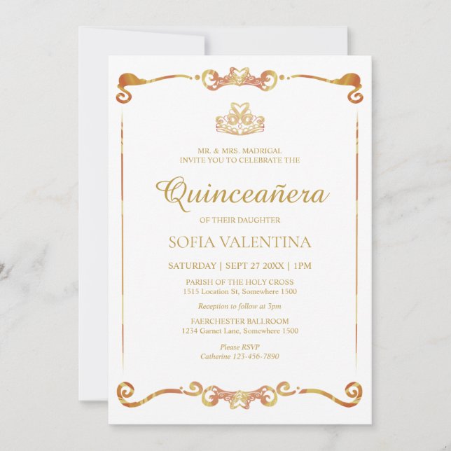 Classic White and Gold Quinceanera Invitation (Front)