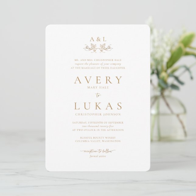 Classic White and Gold Wedding Invitation (Standing Front)
