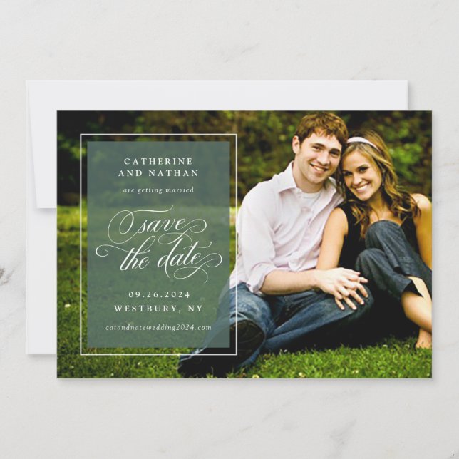 Classic White and Green Elegant Script Wedding Save The Date (Front)