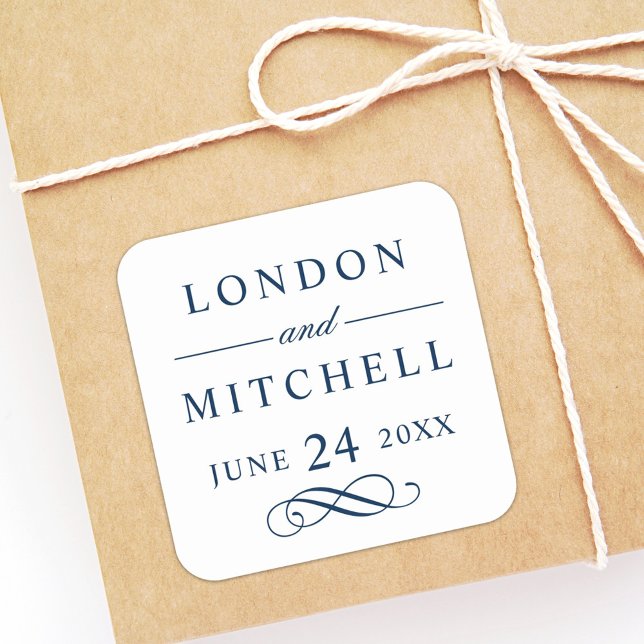 Classic White and Navy Monogram Wedding Square Sticker (Creator Uploaded)