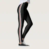 Classic White and Red Side Stripes on Black Leggings