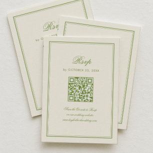 Classic White and Sage Green Wedding RSVP Qr Code Enclosure Card